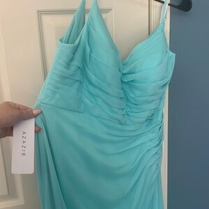 Azazie Deandria dress in Caribbean blue